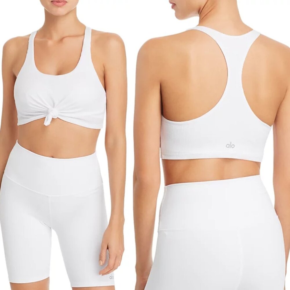 ALO Yoga White Knot-Front Sports Bra Gym Workout Exercise Running Womens Size M